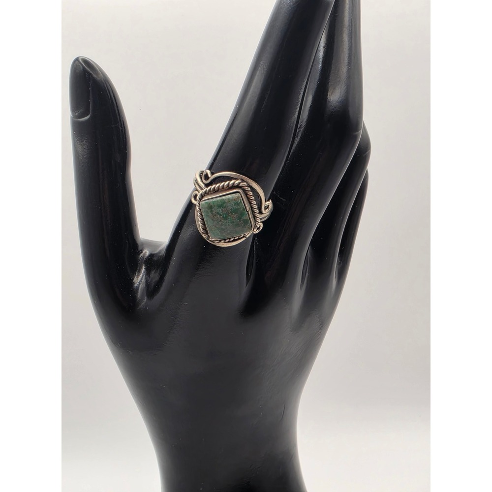 Vintage Green Turquoise Square Statement Ring Adjustable Silver Tone Bypass Band